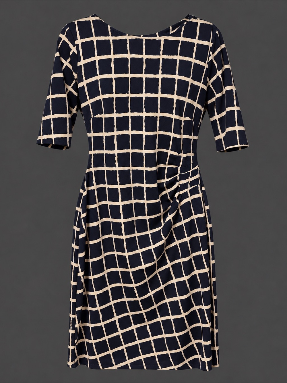 connected apparel Navy and Cream Grid-Print Midi Dress